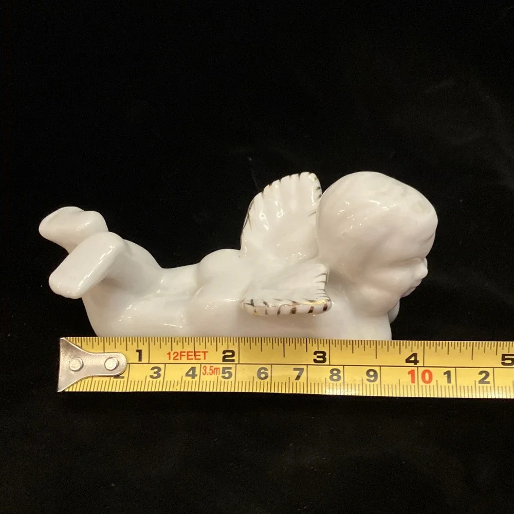 Vintage Milk White Ceramic Cherub Angel Figurine Gold Gilt Wings Precious Pose